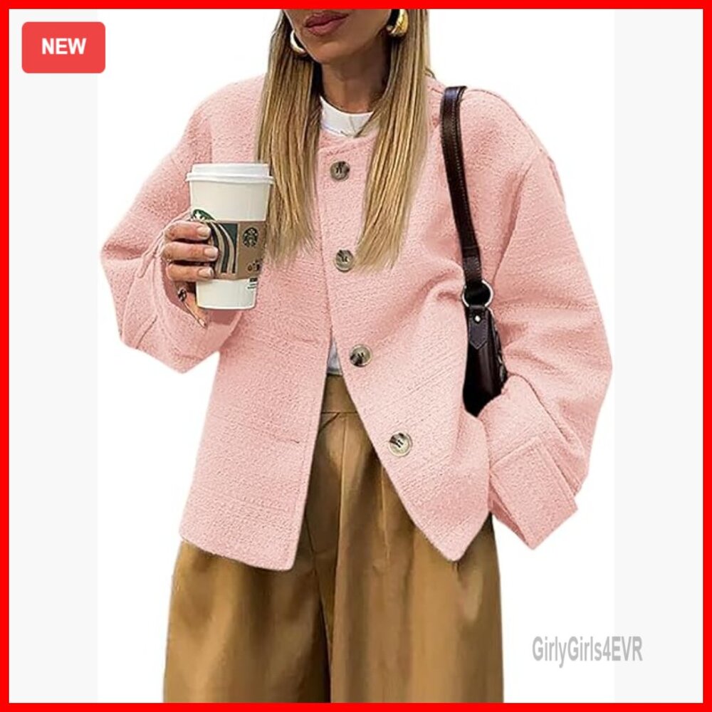 Oversized Tweed Blazer Long Sleeve Cropped Button Down Business Casual Jacket